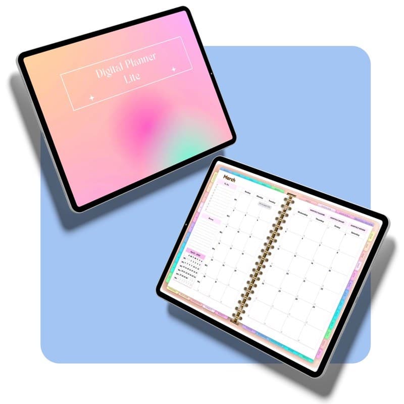 The free Digital Planner Lite on two tablets, pastel cover and monthly spread