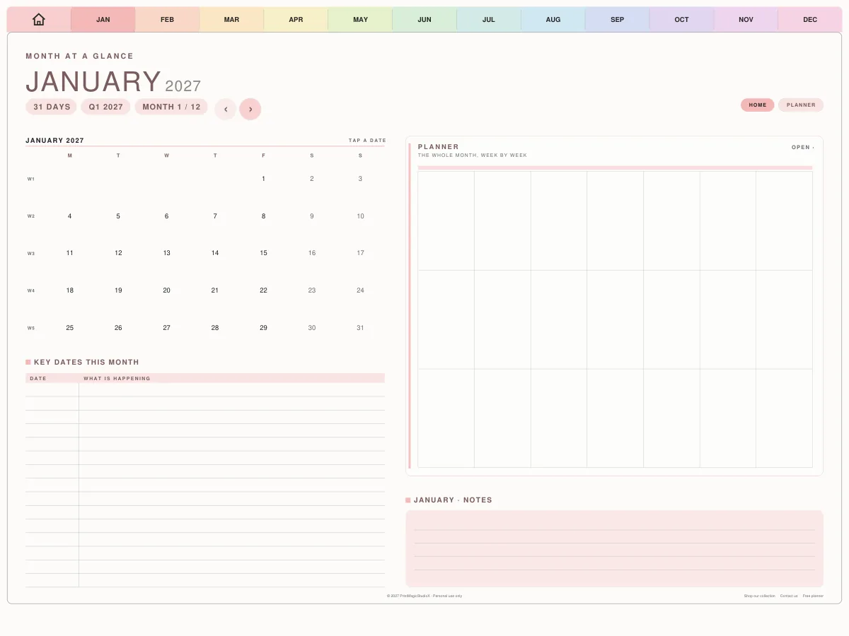 Month at a glance: A small calendar, key dates, the month week by week, and notes.