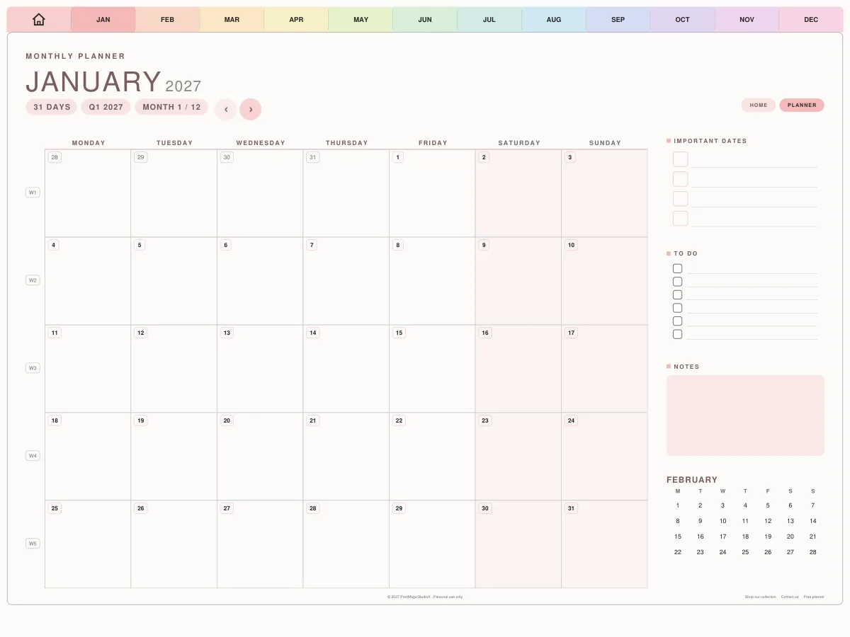 The month's calendar: A square for every day, important dates, a to-do list and notes.