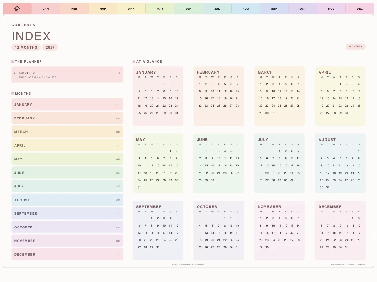 The free 2027 calendar's year at a glance: twelve small calendars of 2027