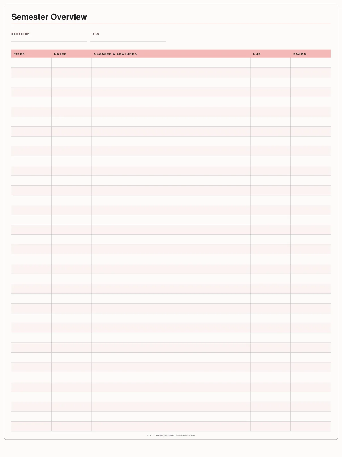 The free Student Planner's first page, the Semester Overview