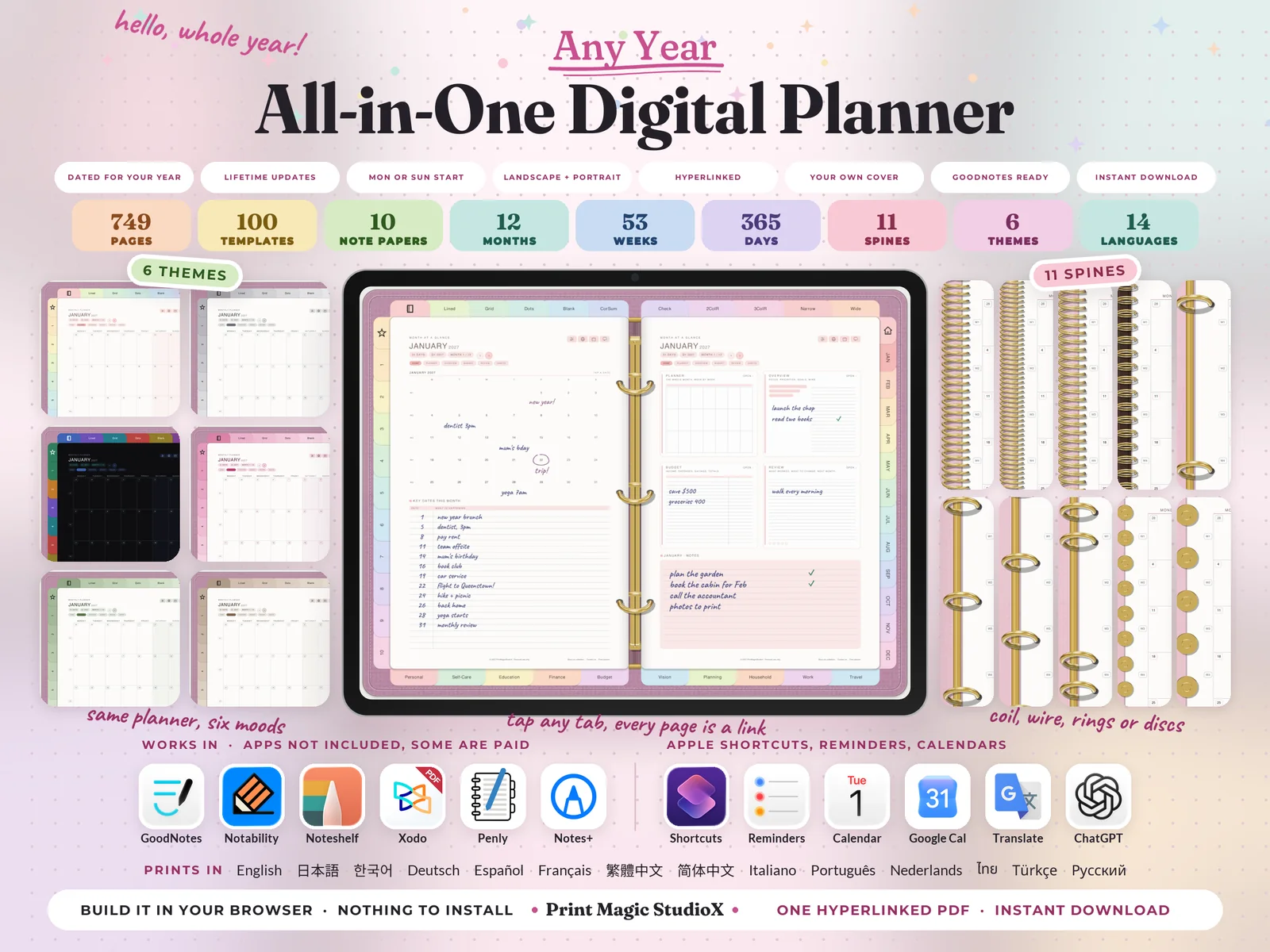The All-in-One Digital Planner open on a tablet, with its six themes, eleven spines and fourteen languages