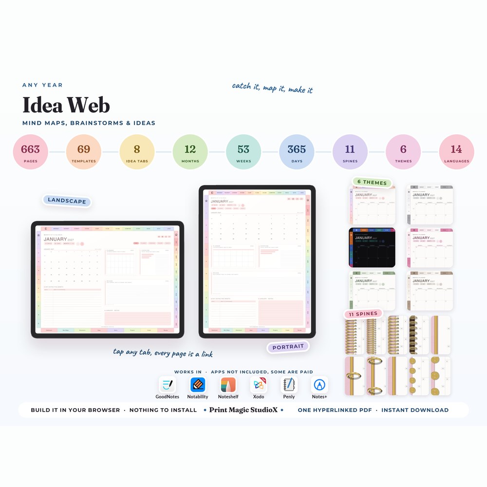Idea Web, cover and pages on a tablet