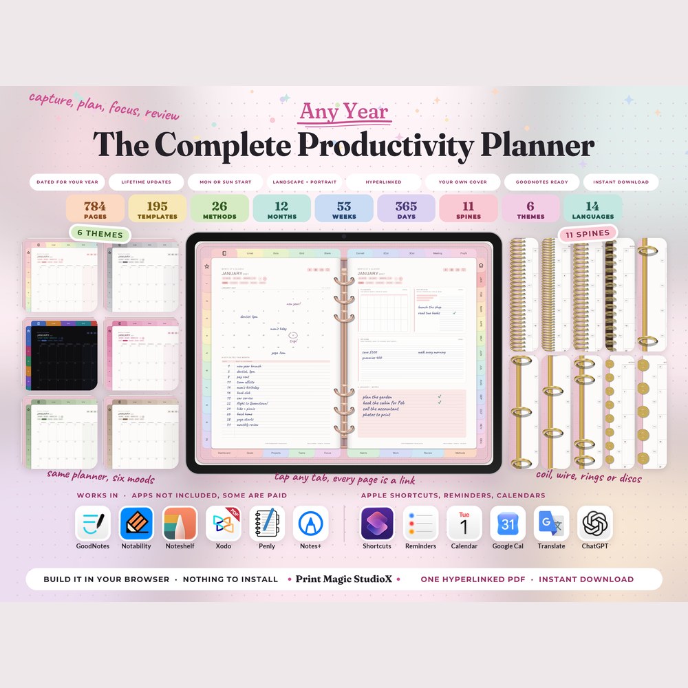 The Complete Productivity Planner, cover and pages on a tablet