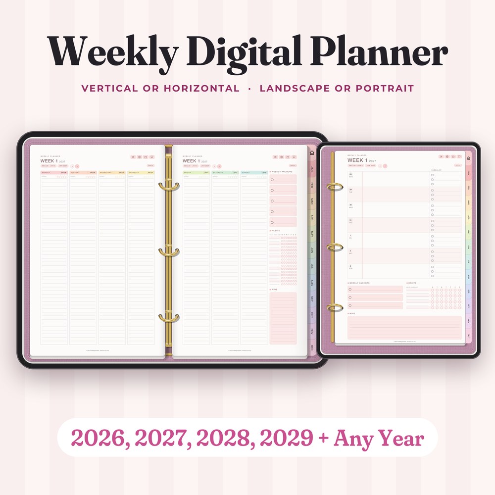 Weekly Digital Planner, cover and pages on a tablet