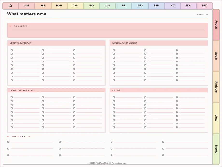 A productivity planner's priorities page: the four-quadrant matrix
