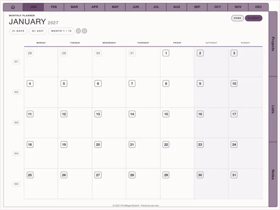Content Calendar: Dated digital planner template for GoodNotes and iPad