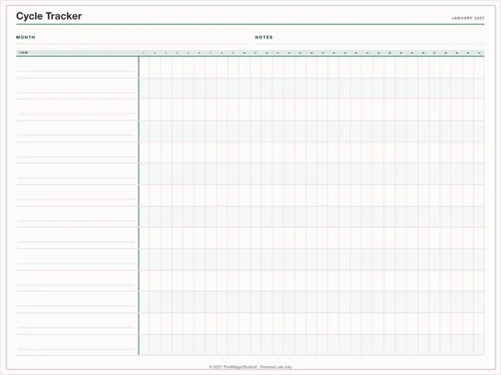 Cycle Tracker: One-page planner template for GoodNotes, iPad and print