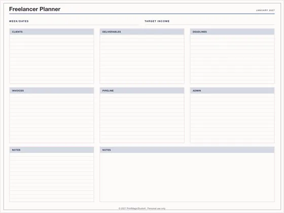 Freelancer Planner: One-page planner template for GoodNotes, iPad and print