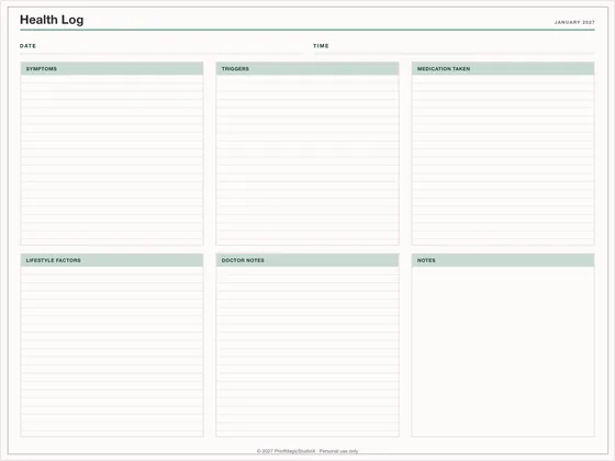 Health Log: One-page planner template for GoodNotes, iPad and print