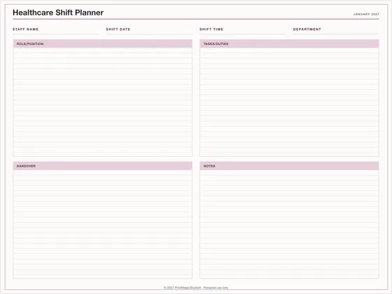 Healthcare Shift Planner: One-page planner template for GoodNotes, iPad and print