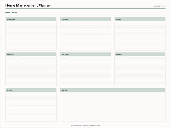 Home Management Planner: One-page planner template for GoodNotes, iPad and print