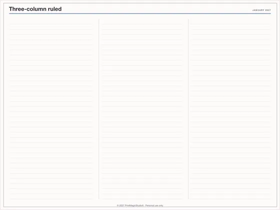 Three-column ruled: Note paper template for GoodNotes, iPad and print