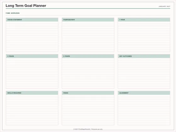 Long Term Goal Planner: One-page planner template for GoodNotes, iPad and print