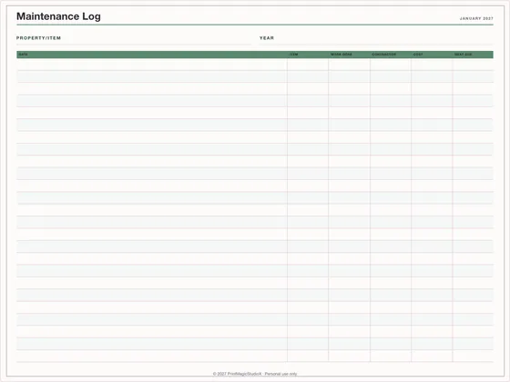 Maintenance Log: One-page planner template for GoodNotes, iPad and print
