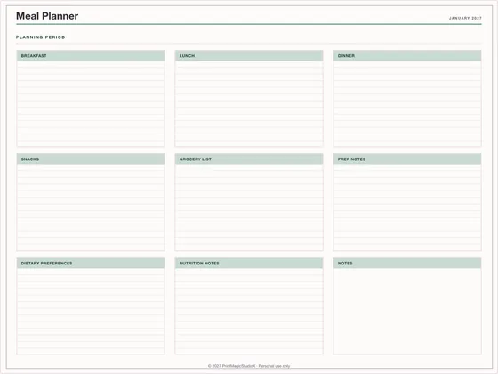 Meal Planner: One-page planner template for GoodNotes, iPad and print