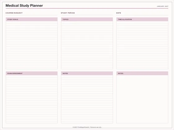 Medical Study Planner: One-page planner template for GoodNotes, iPad and print