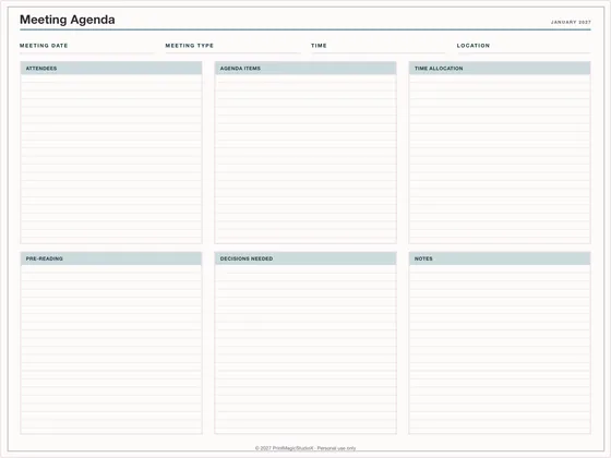 Meeting Agenda: One-page planner template for GoodNotes, iPad and print