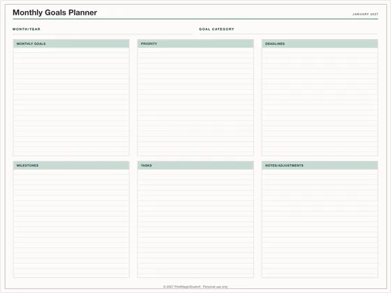 Monthly Goals Planner: One-page planner template for GoodNotes, iPad and print