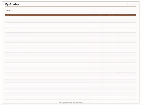 My Grades: One-page planner template for GoodNotes, iPad and print