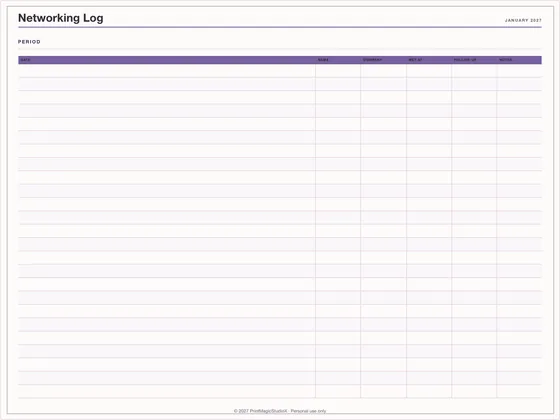 Networking Log: One-page planner template for GoodNotes, iPad and print