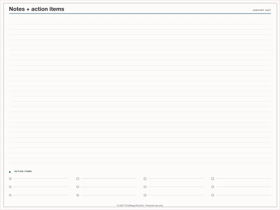Notes + action items: Note paper template for GoodNotes, iPad and print