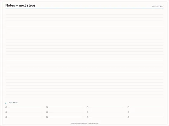 Notes + next steps: Note paper template for GoodNotes, iPad and print