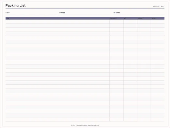 Packing List: One-page planner template for GoodNotes, iPad and print