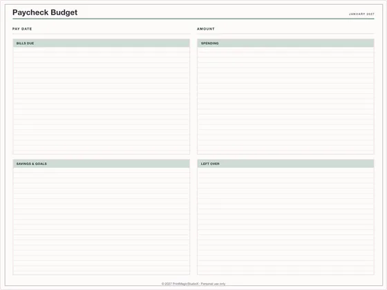 Paycheck Budget: One-page planner template for GoodNotes, iPad and print