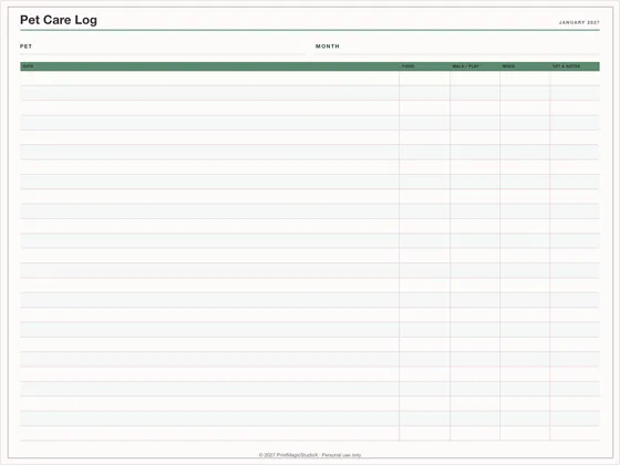 Pet Care Log: One-page planner template for GoodNotes, iPad and print