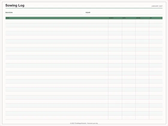 Sowing Log: One-page planner template for GoodNotes, iPad and print