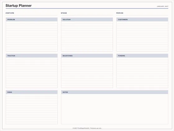 Startup Planner: One-page planner template for GoodNotes, iPad and print