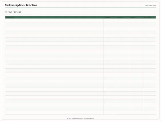Subscription Tracker: One-page planner template for GoodNotes, iPad and print