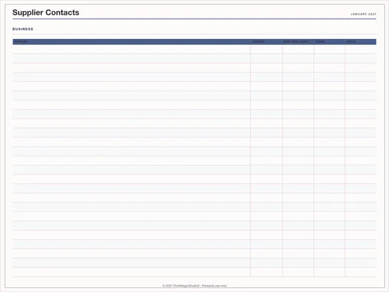 Supplier Contacts: One-page planner template for GoodNotes, iPad and print