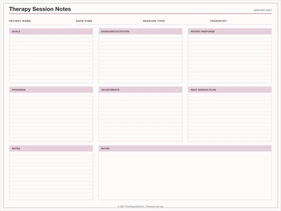 Therapy Session Notes: One-page planner template for GoodNotes, iPad and print