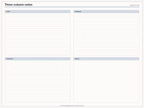 Three-column notes: Note paper template for GoodNotes, iPad and print