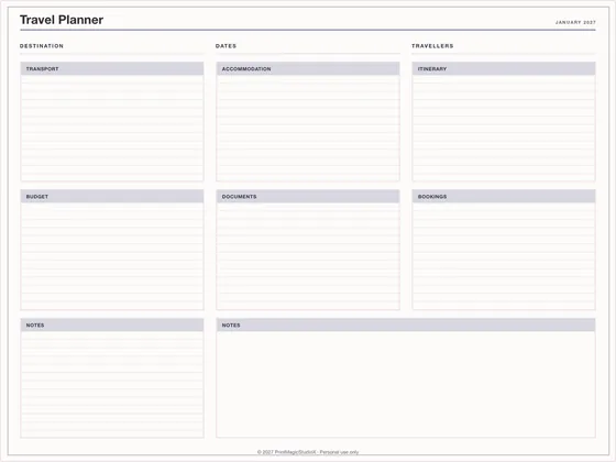 Travel Planner: One-page planner template for GoodNotes, iPad and print