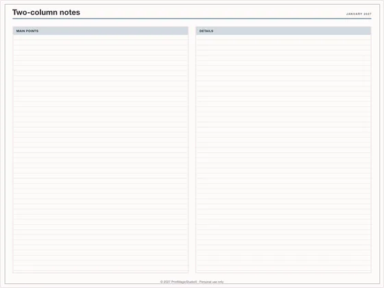 Two-column notes: Note paper template for GoodNotes, iPad and print