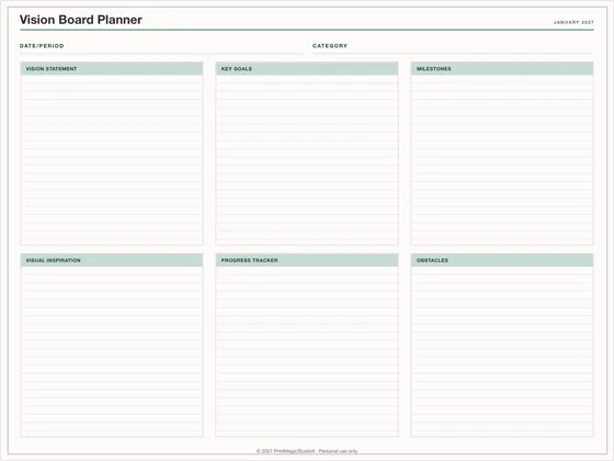Vision Board Planner: One-page planner template for GoodNotes, iPad and print