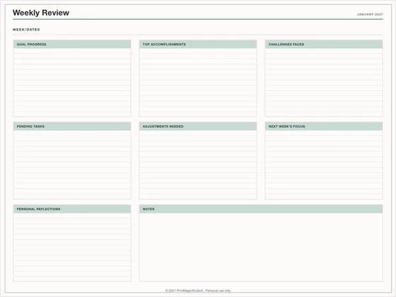 Weekly Review: One-page planner template for GoodNotes, iPad and print