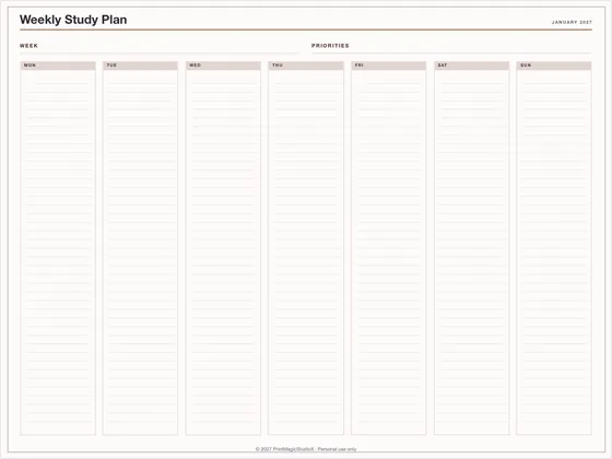 Weekly Study Plan: One-page planner template for GoodNotes, iPad and print