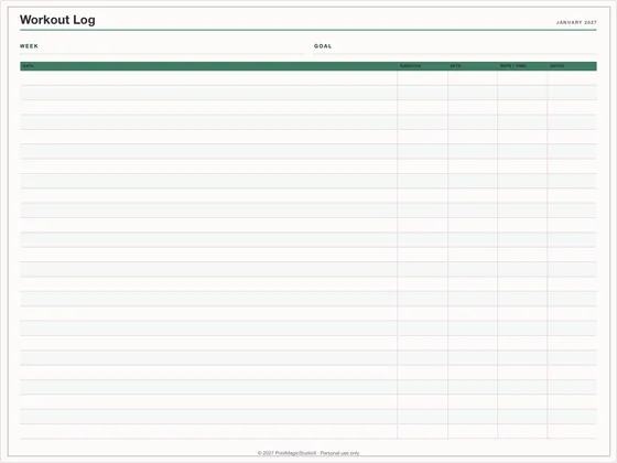 Workout Log: One-page planner template for GoodNotes, iPad and print